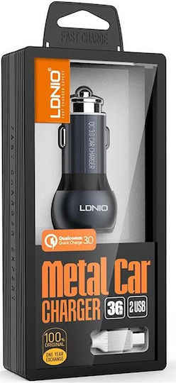 Ldnio C503Q Car Charger 3A Fast Charging with Ports: 2xUSB with Cable Type-C Gray Color