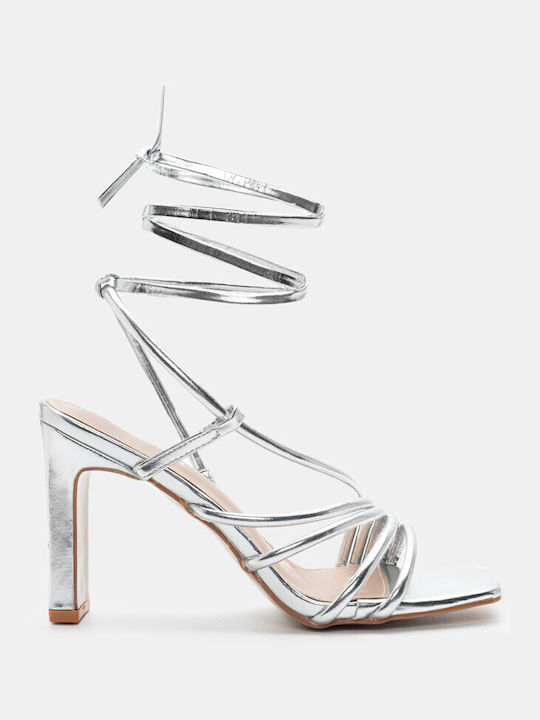 Luigi Synthetic Leather Women's Sandals with Laces Silver with High Heel