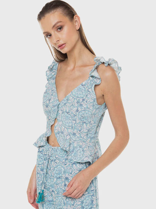 Emilia Damen Sommer Crop Top Leinen Ärmellos mit V-Ausschnitt Blumen Blau