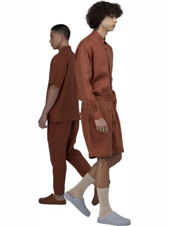 Short-sleeved Linen Shirt in Wide Line Red
