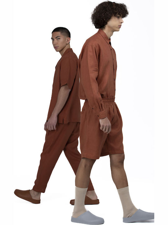 Short-sleeved Linen Shirt in Wide Line Red