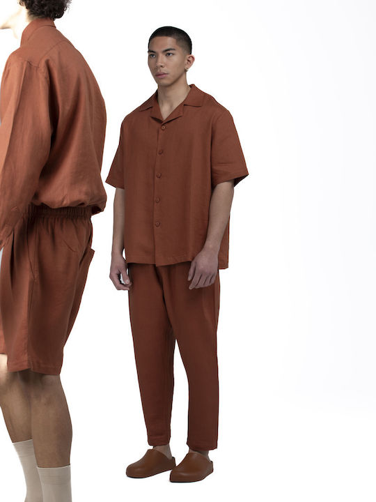Short-sleeved Linen Shirt in Wide Line Red