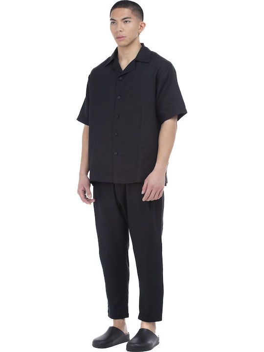 Short-sleeved Linen Shirt in Wide Line Black