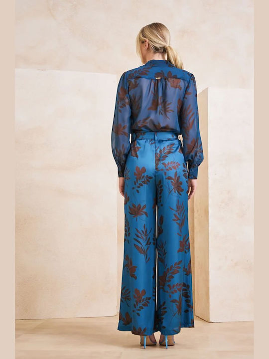 Women's High-waisted Satin Trousers in Straight Line Petrol