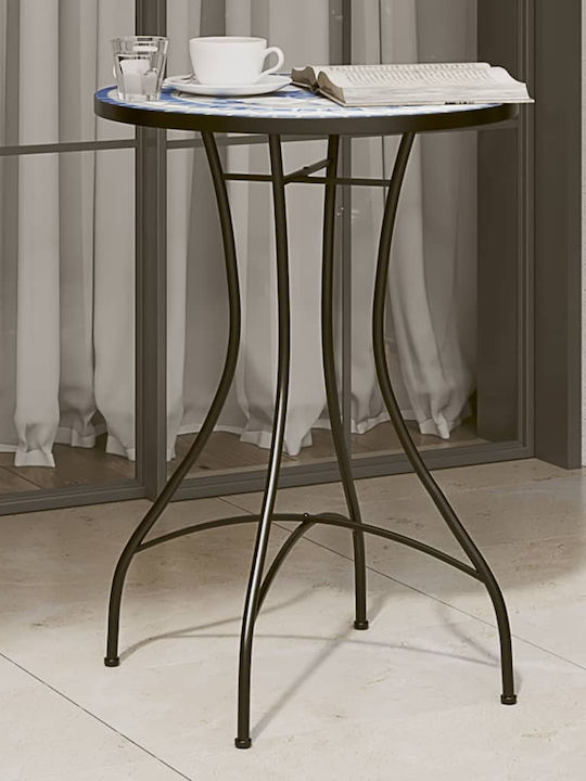 Outdoor Dinner Free Standing Table with Ceramic Surface and Metal Frame Blue/white 50x50x70cm