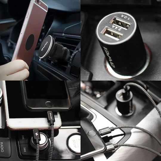 Car Charger Fast Charging with 2xUSB-A Ports and Micro-USB / Lightning Cable Black Color