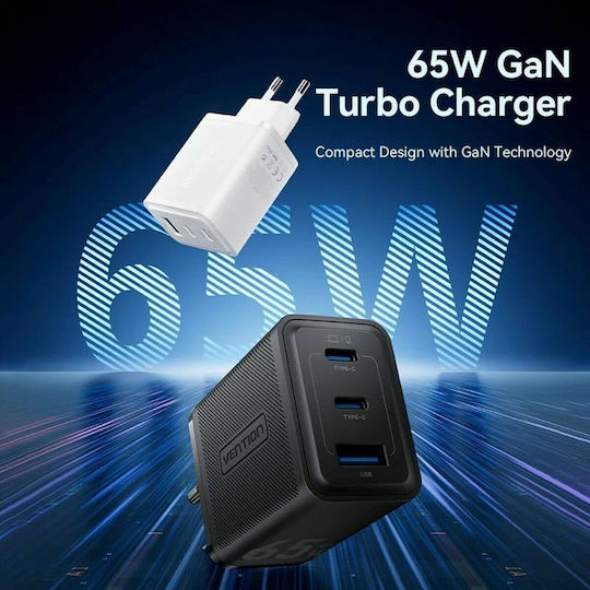 Vention Φορτιστής Χωρίς Καλώδιο GaN με Θύρα USB-A και 2 Θύρες USB-C 65W Μαύρος (FERB0-EU)
