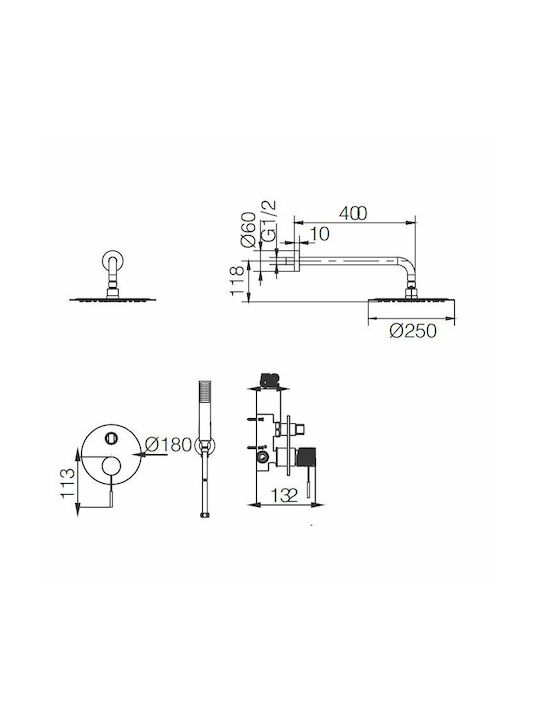 Imex 13459 Built-in Mixer & Shower Head Set for Shower 2 Exits Gold