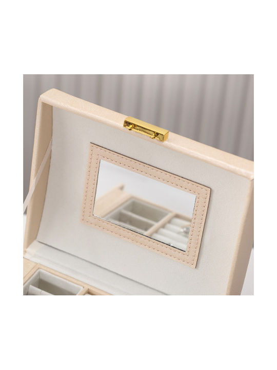 Fabric Jewellery Box with Drawer & Gold Mirror 17.5x13.5x12cm