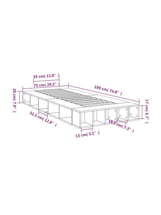 Single Wooden Gray Bed Base with Slats for Mattress 75x190cm