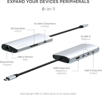 Satechi USB-C Stație de andocare cu HDMI 4K PD Ethernet Argint (ST-P8KES)