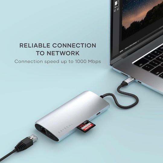 Satechi USB-C Докинг станция с HDMI 4K PD Ethernet Сребрист (ST-P8KES)