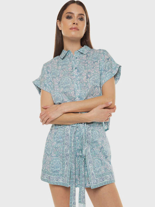 Κοντομάνικο Γυναικείο Τζιν Πουκάμισο Wave Blue Floral