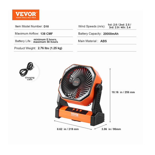 Ventilator de masă reîncărcabil 20.000 Mah 4 viteze Iluminare Led Vevor Cdfsts8ycf00wi7vav9