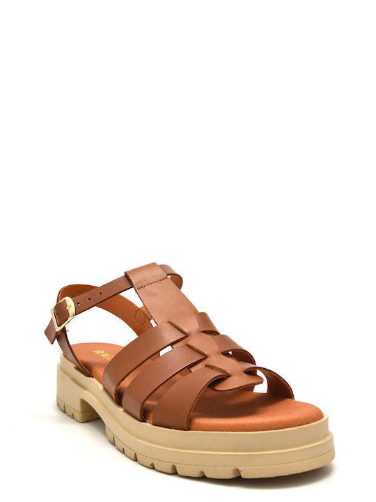 Leather Women's Flat Sandals in Tabac Brown Color