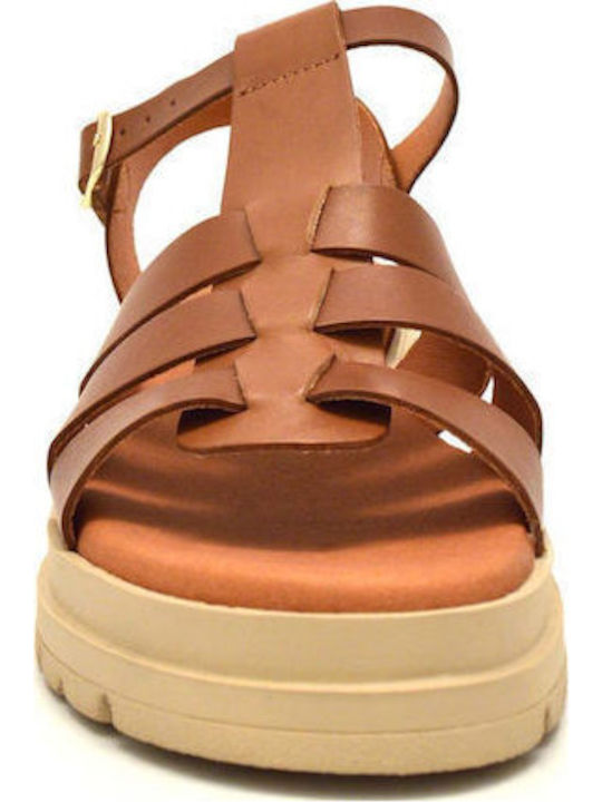 Leather Women's Flat Sandals in Tabac Brown Color