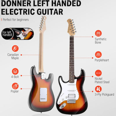 Donner Set Electric Guitar for Left-handed with Shape Stratocaster in White Color