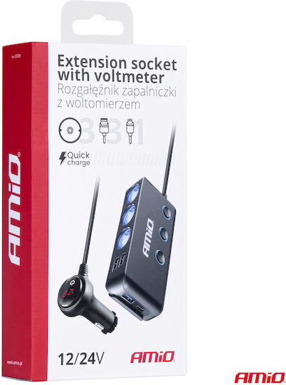 AMiO Car Charger 200W 4.8A Fast Charging with Ports 3xUSB 1xType-C 3xLighter with Embedded Cable and Voltmeter