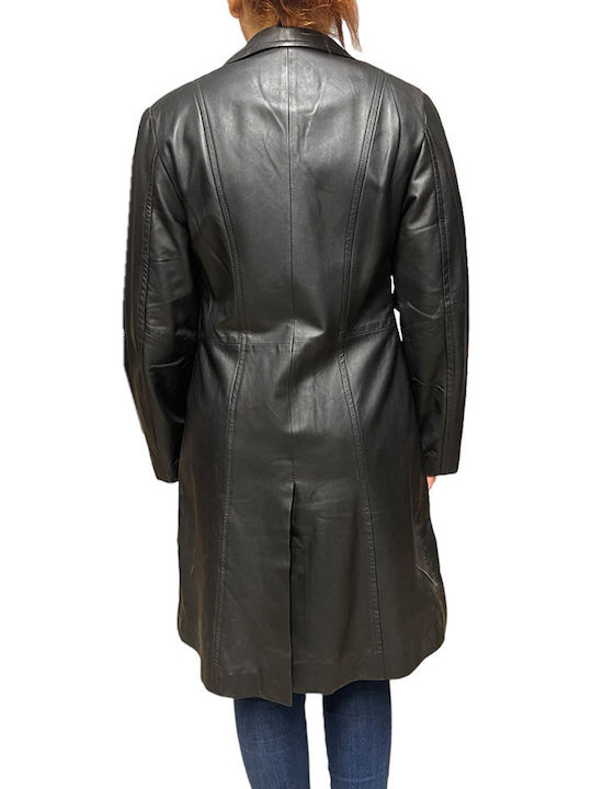 Leder Damen black Mantel mit Knöpfen