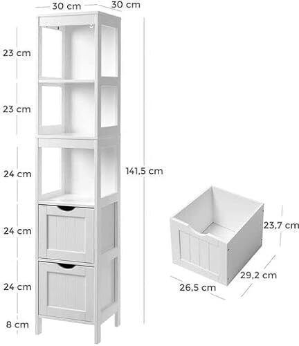 Songmics Floor Bathroom Shelf Wooden with 3 Shelves 30x30x141.5cm White