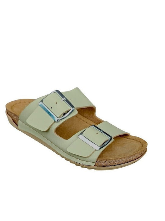 Leather Women's Flat Sandals in Green Color