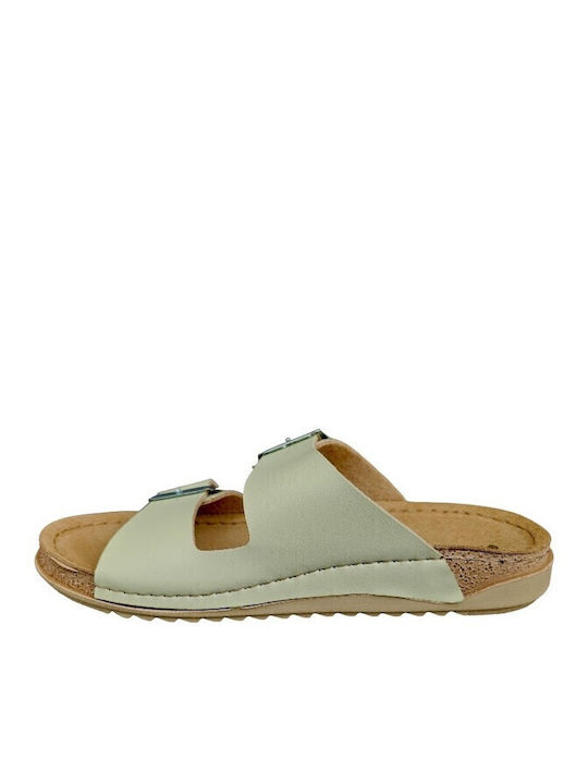 Leather Women's Flat Sandals in Green Color