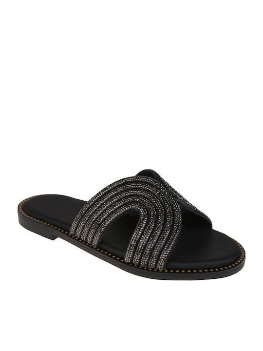Leather Women's Flat Sandals in Black Color