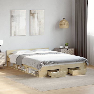 Bed Base Double made of Wood Beige 150x200cm. with Storage Space