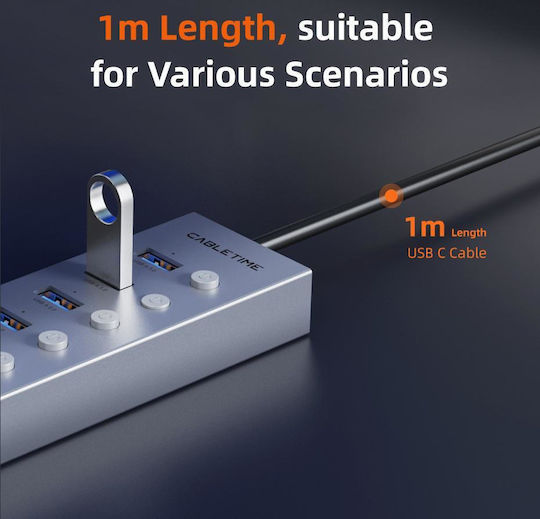 Cabletime USB 3.0 7 Port Hub with USB-A Connection Gray