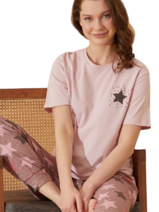 Stars Summer Women's Pyjama Set Cotton Rose