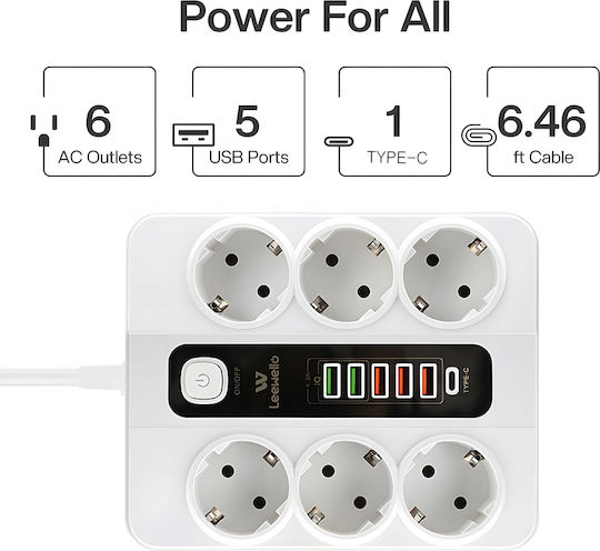 Leewello Power Strip with Surge Protection 6 Positions with 5 USB-A, 1 USB-C and Switch