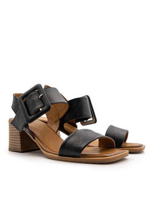 Mago Shoes Leather Women's Sandals Black with Medium Heel