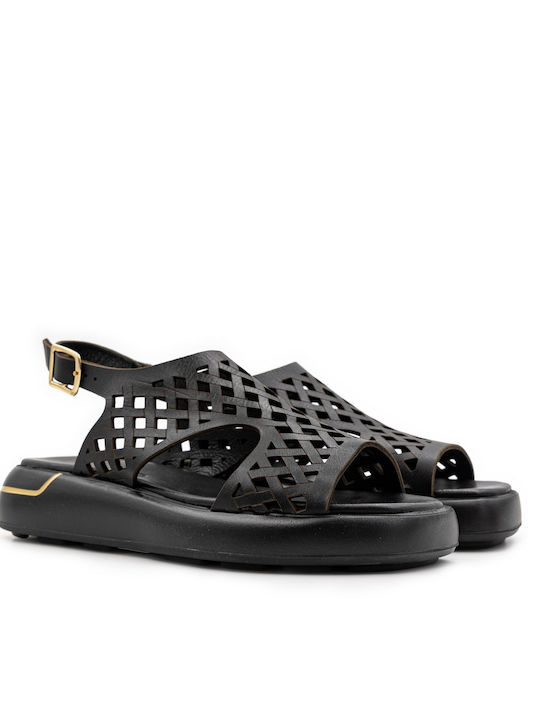 Mago Shoes Leather Women's Flat Sandals Flatforms in Black Color