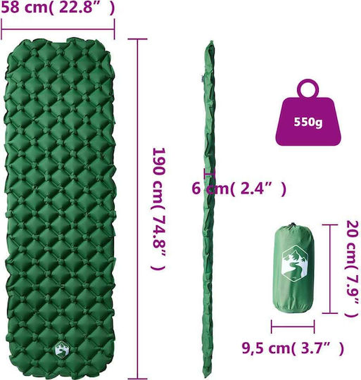 vidaXL Single Camping Sleeping Mat 190x58cm Thickness 6cm in Green color