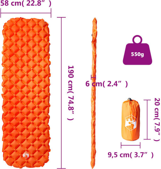 vidaXL Single Camping Sleeping Mat 190x58cm Thickness 6cm in Orange color