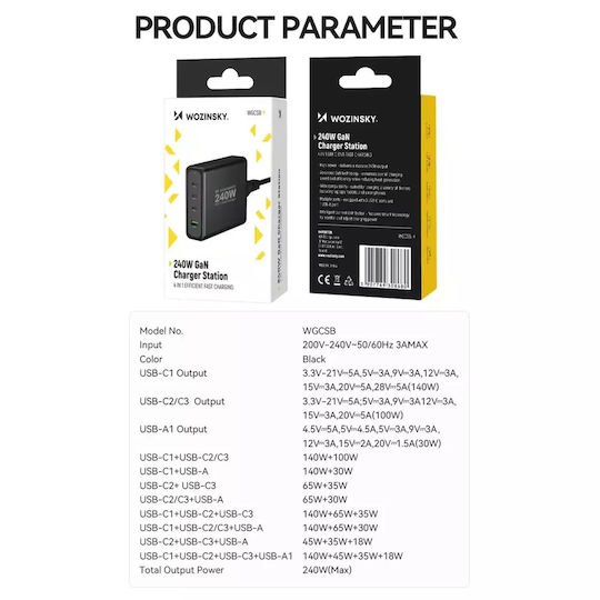 Wozinsky GaN с USB-A порт и 3 USB-C порта 240W Черен (WGCSB)
