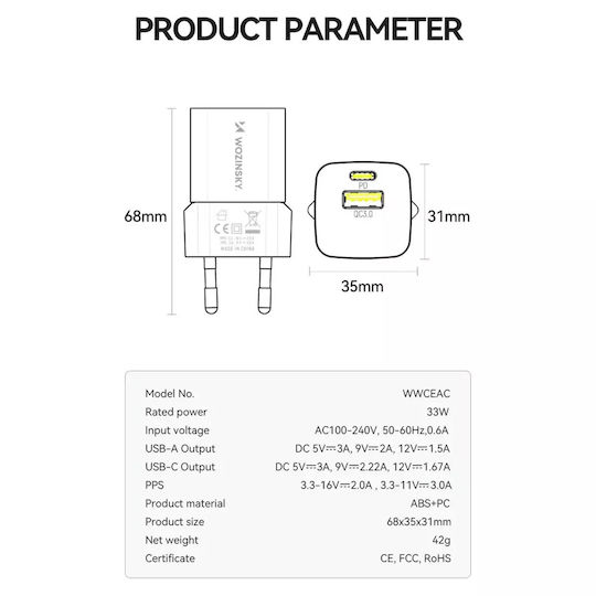 Wozinsky Charger Without Cable GaN with USB-A Port and USB-C Port 33W Power Delivery / Quick Charge 3.0 Whites (WWCEAC)