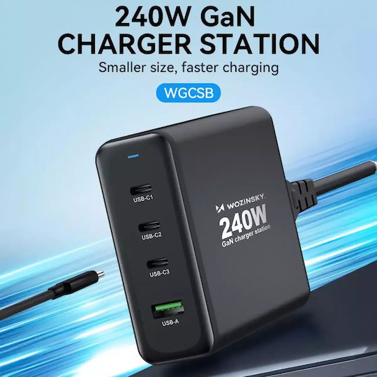 Wozinsky GaN с USB-A порт и 3 USB-C порта 240W Черен (WGCSB)