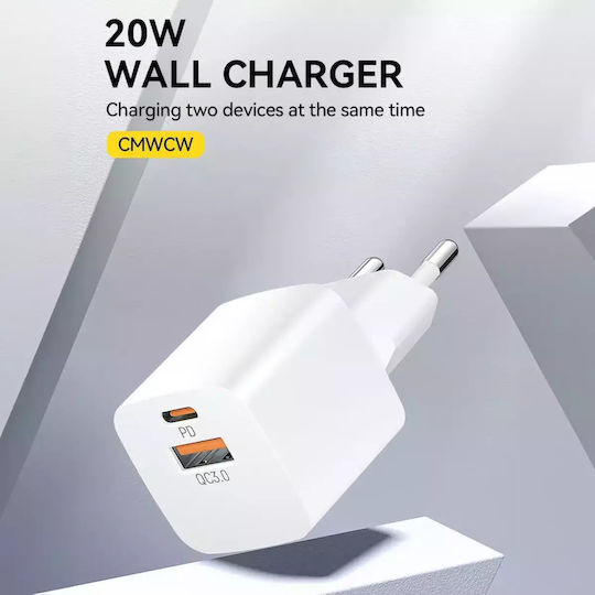 Wozinsky Charger Without Cable with USB-A Port and USB-C Port 20W Power Delivery / Quick Charge 3.0 Whites (CMWCW)