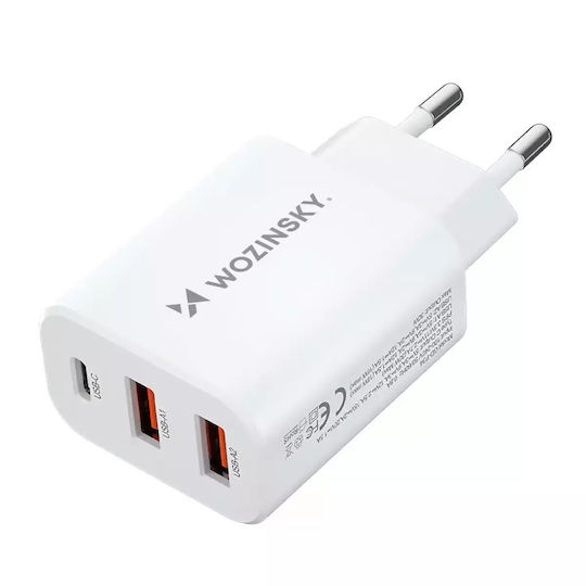 Wozinsky Încărcător Fără Cablu cu 2 Porturi USB-A și Port USB-C 30W Albς (CWCUCW)