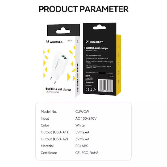 Wozinsky Încărcător Fără Cablu cu 2 Porturi USB-A Albς (CUWCW)