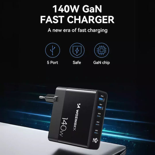 Wozinsky Charger Without Cable GaN with 2 USB-A Ports and 3 USB-C Ports 140W Blacks (CGWCB)