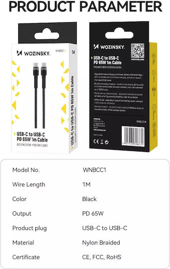 Wozinsky USB 2.0 Kabel USB-C männlich - USB-C 65W PD Schwarz 1m WNBCC1