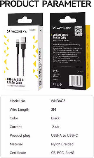 Wozinsky USB 2.0 Kabel USB Typ-C männlich - USB-A 20W PD Schwarz 1m WNBAC1