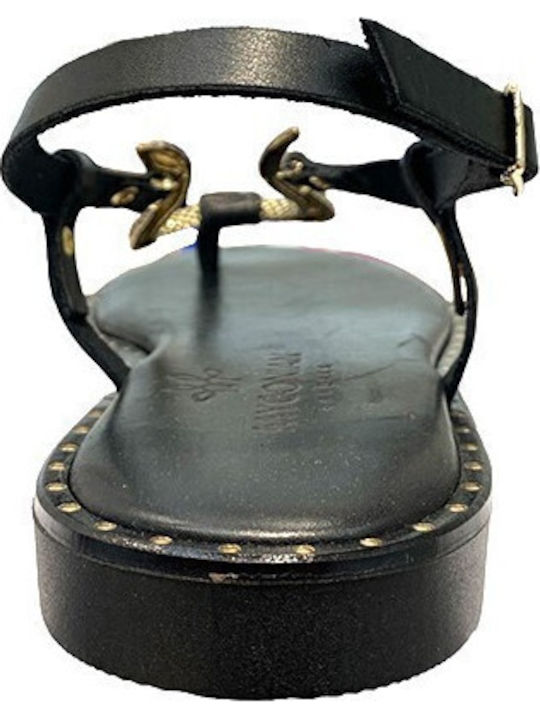 Leather Women's Flat Sandals in Black Color