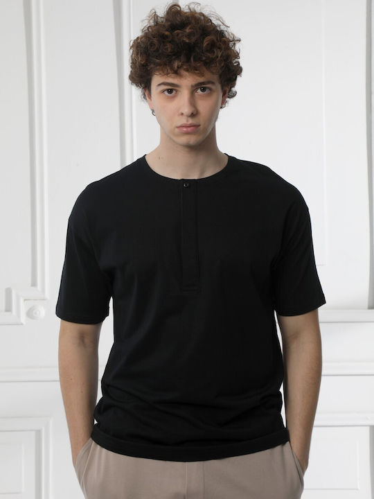 Tresor Men's Short Sleeve T-shirt with Buttons BLACK