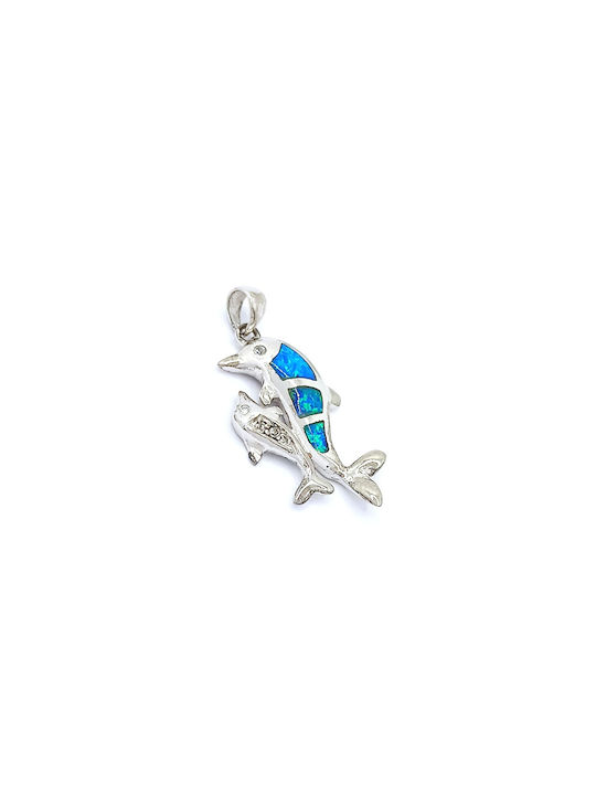 925 Silver Plated Dolphin Family Pendant with Blue Opal Stone