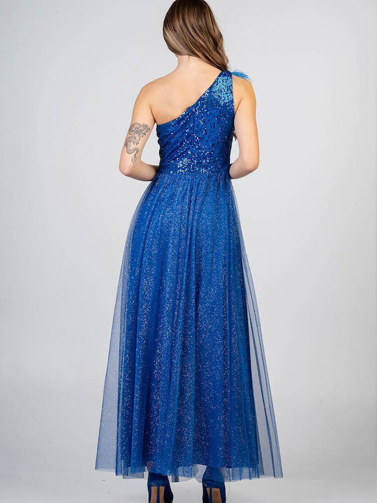 Bellino Maxi Evening Dress with Tulle & Slit Blue