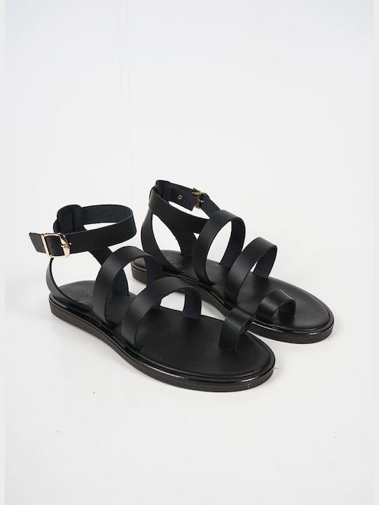 IRIS Leather Women's Flat Sandals in Black Color