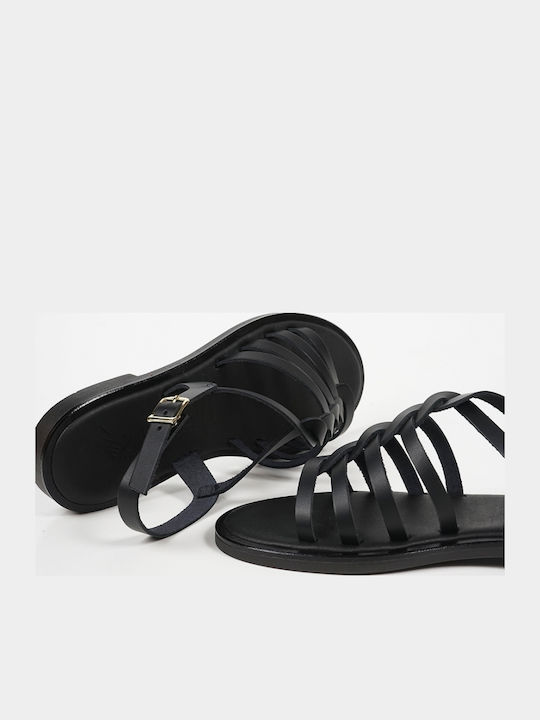 Leather Women's Flat Sandals in Black Color